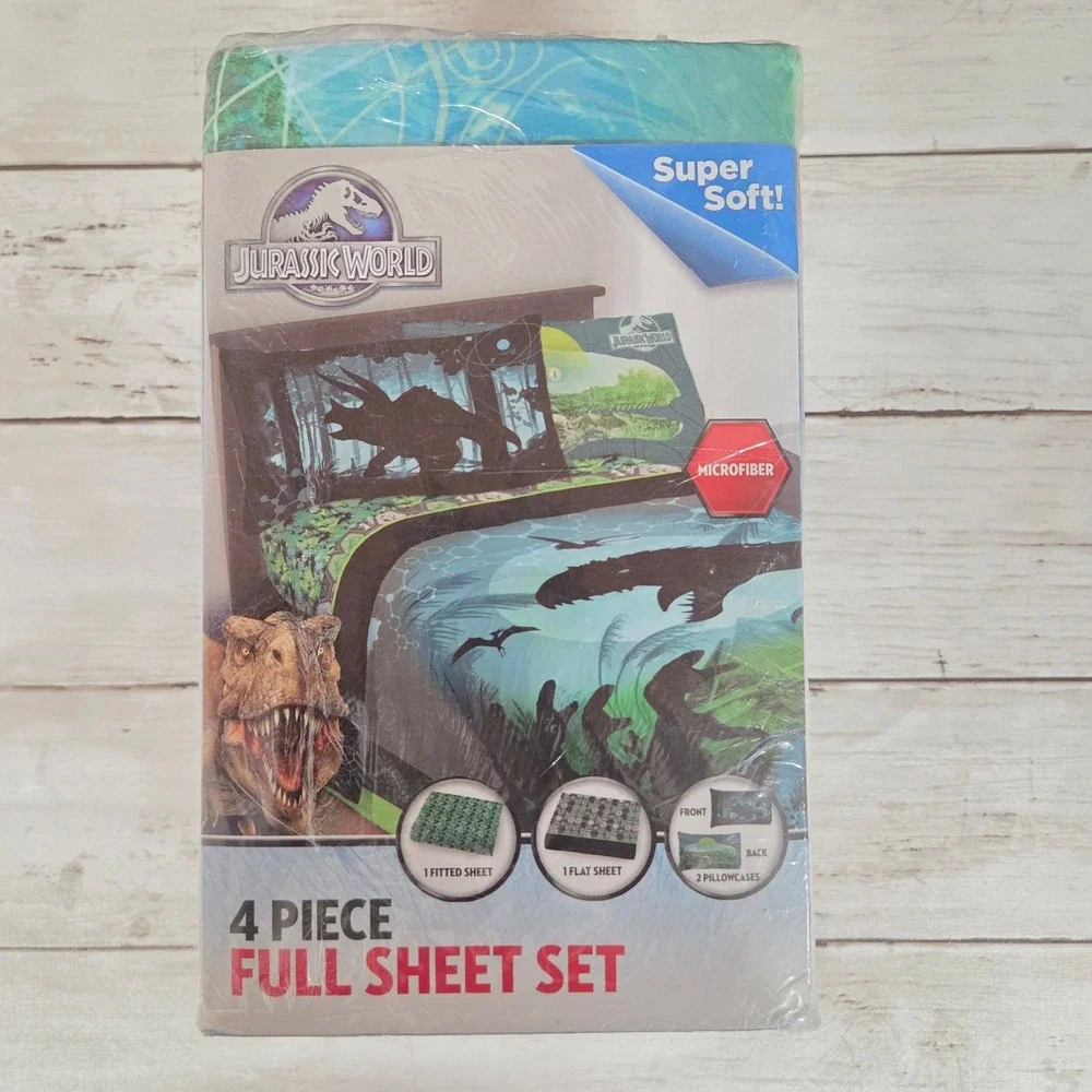 Jurassic World Sheet Set Boys Full Blue 4 Piece Microfiber Dinosaur T-Rex New